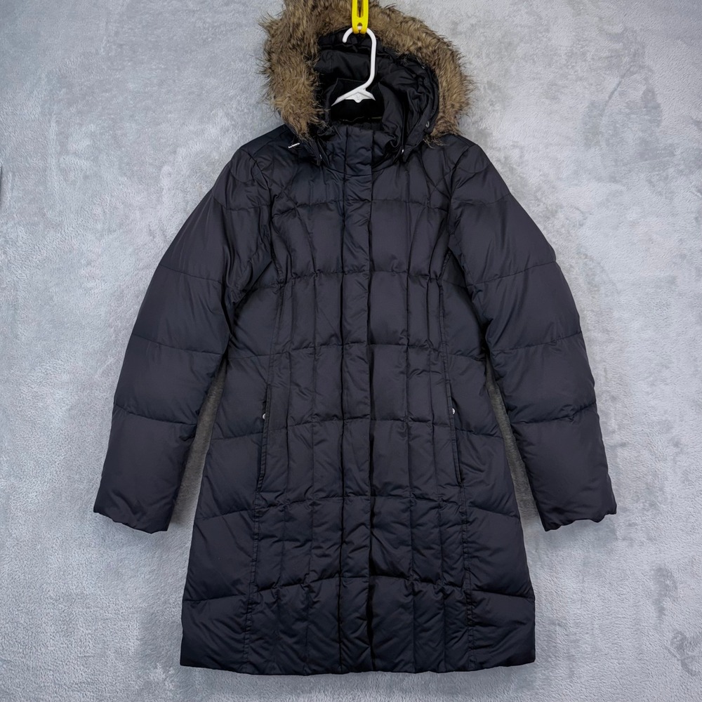 Eddie Bauer Premium Goose Down Lodge Parka Women Small Black EB550 Fur Hood Coat